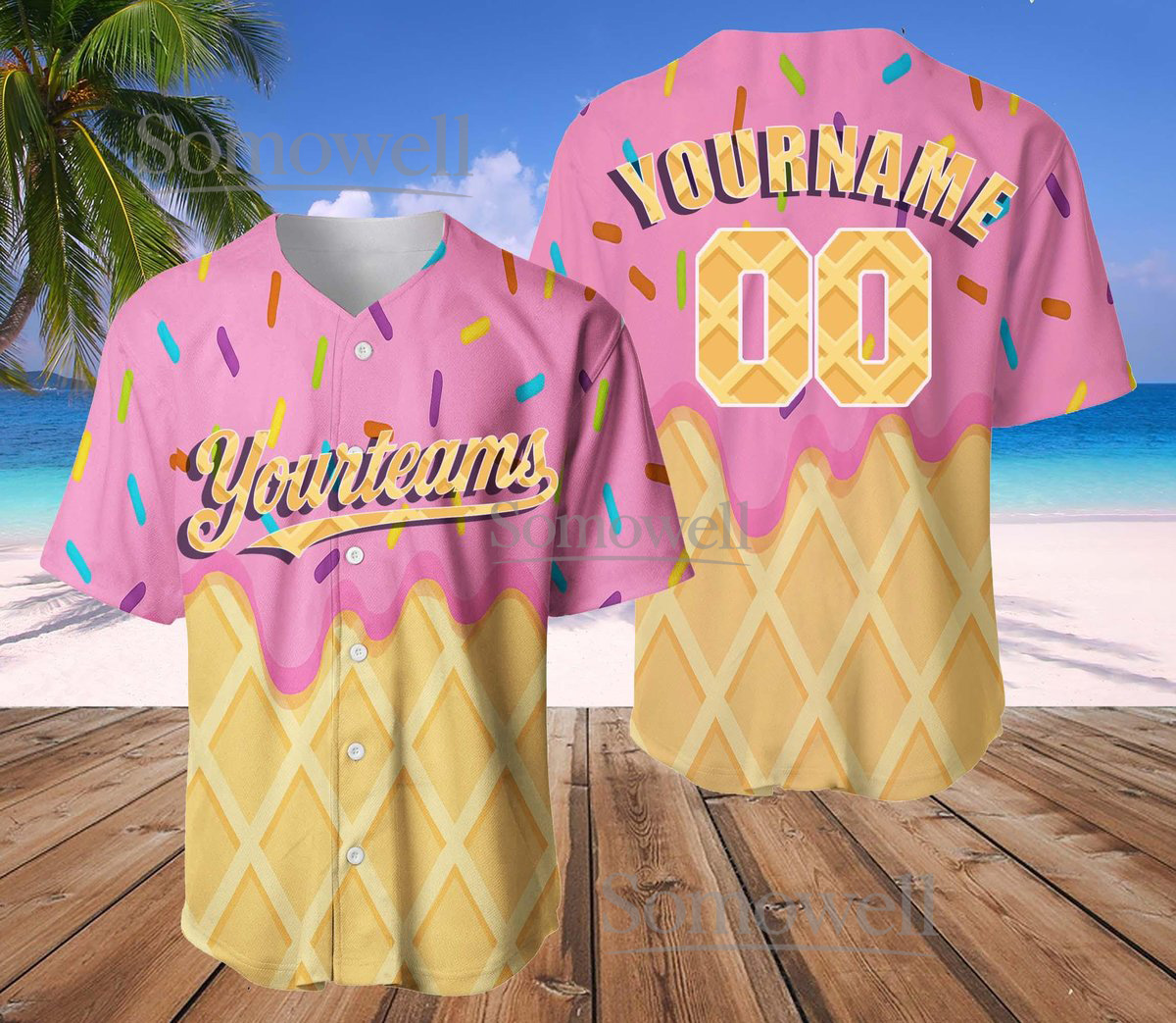Custom Ice Cream Baseball Jersey Pink Yellow Waffle Cone Sprinkle Summer Team Name Number Shirt