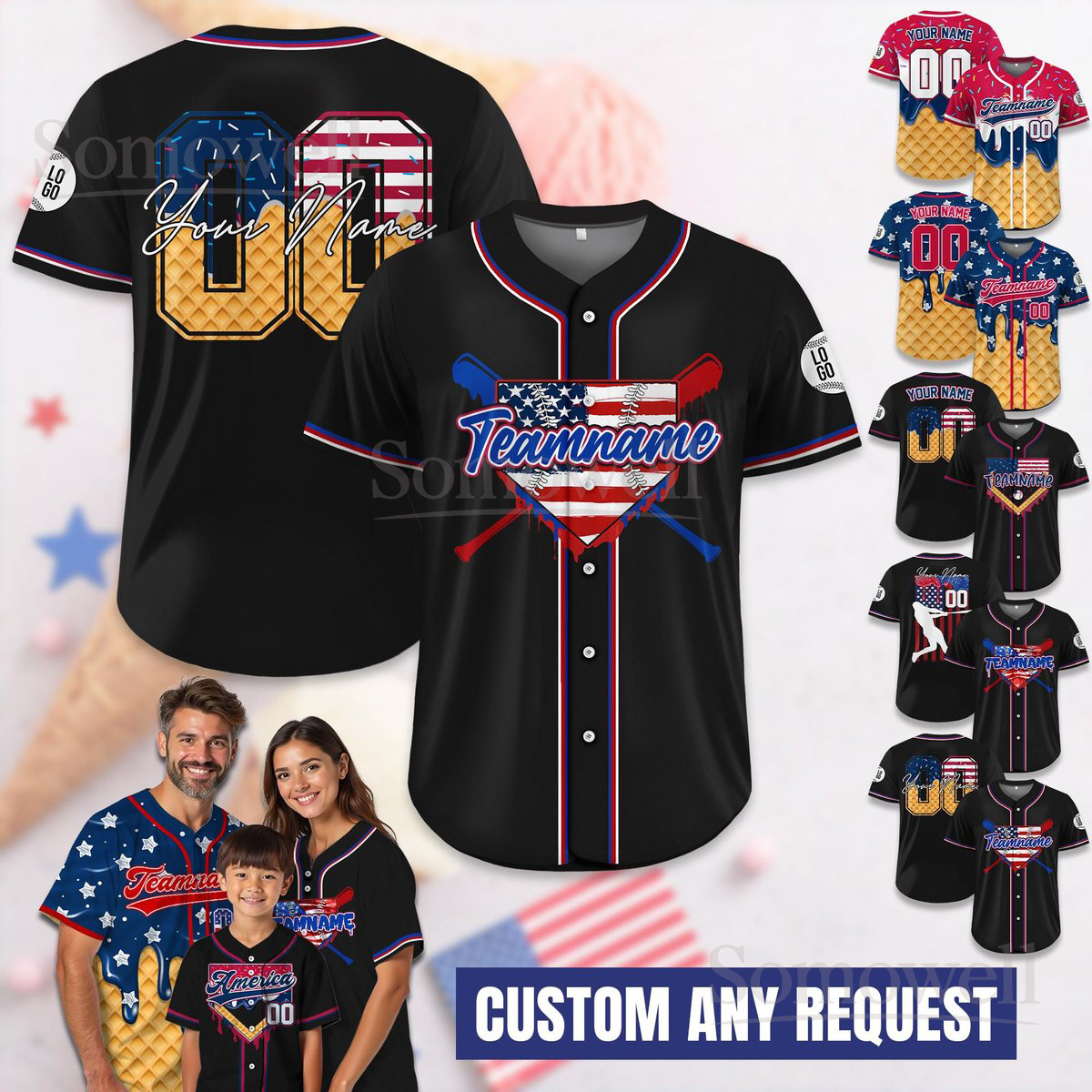 Custom Ice Cream Drip Baseball Jersey Personalized Red White and Blue Jersey for 4th of July Multi Color Edition