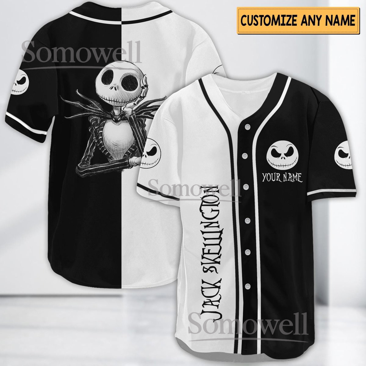 Jack Skellington Black White Split Baseball Jersey Halloween Gothic Custom Name Number Shirt