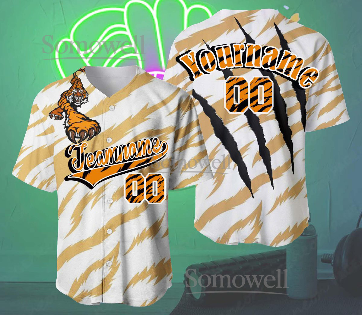 Tiger Claw Custom Baseball Jersey White Gold Animal Print Personalized Team Name Number Shirt
