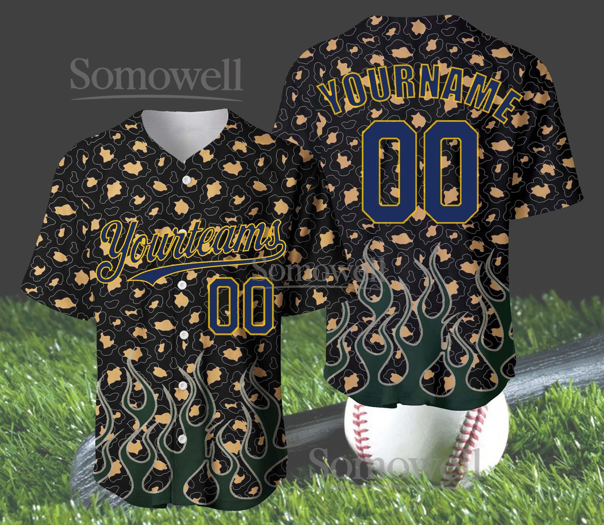 Custom Leopard Baseball Jersey Black Brown Animal Print Flame Pattern Personalized Team Name Number Shirt