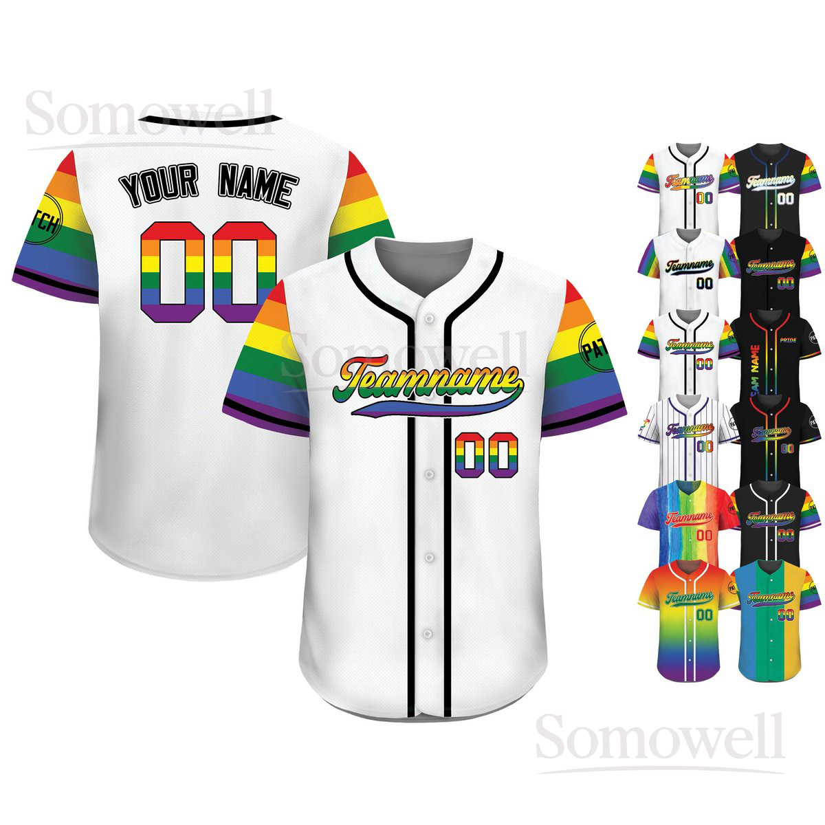 Custom LGBTQ Pride Month Baseball Jersey with Teamname Name and Number for Men and Women in Multiple Colors