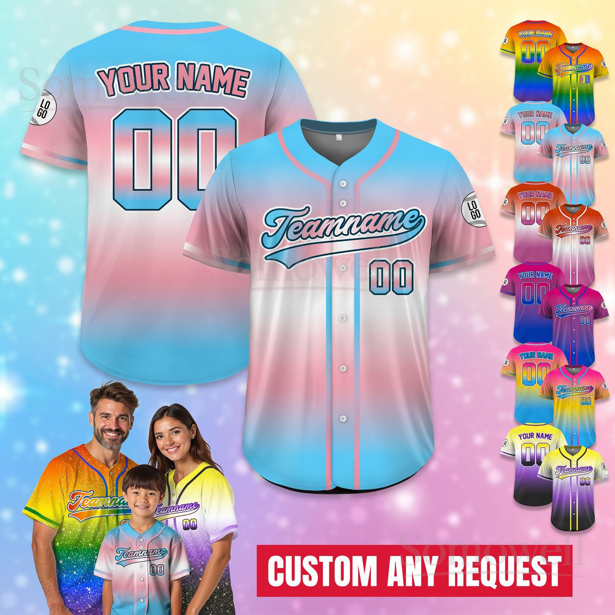 Custom LGBTQ Pride Month Baseball Jersey Personalized with Name Number and Teamname for Men and Women in Multiple Colors