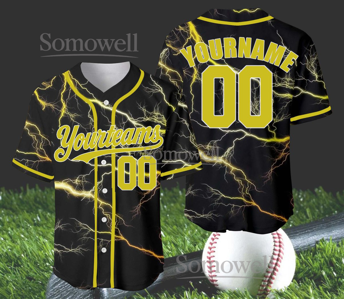 Custom Lightning Baseball Jersey Black Yellow Electric Edition Available in Multiple Sizes