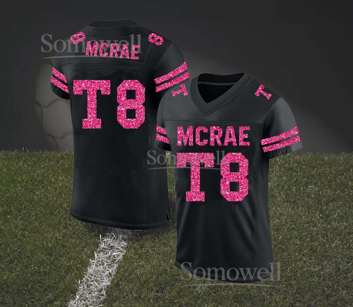 Custom Mcrae T8 Glitter Football Jersey Team Name Number Pink Sparkle Edition Available in Multiple Colors