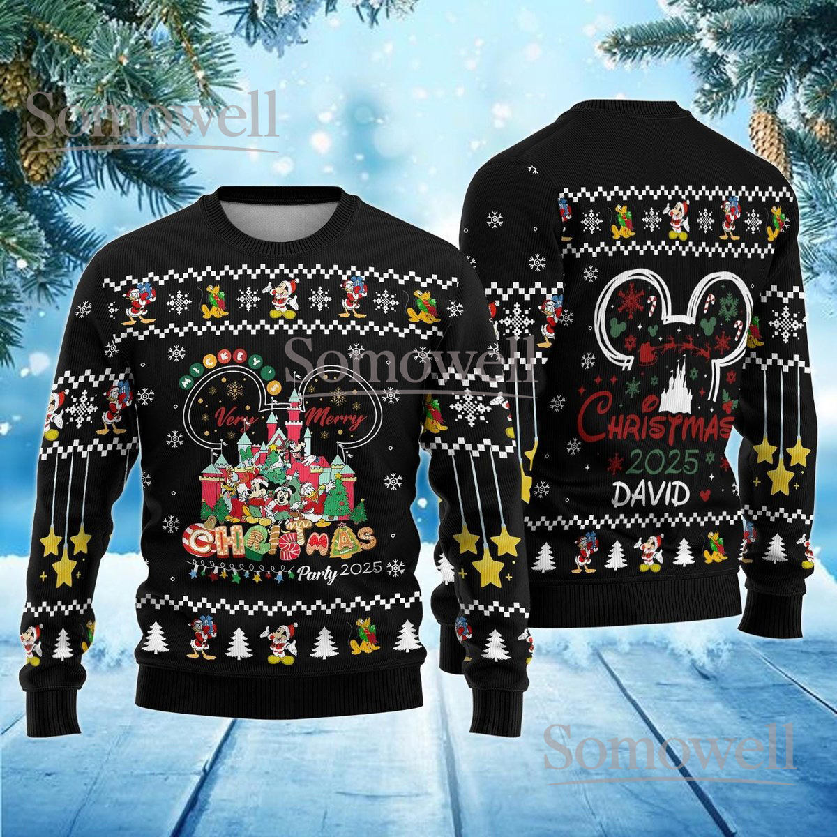 Mickey Friends Very Merry Christmas Black Ugly Sweater Disney Castle Party 2025 Custom Name Knit Jumper