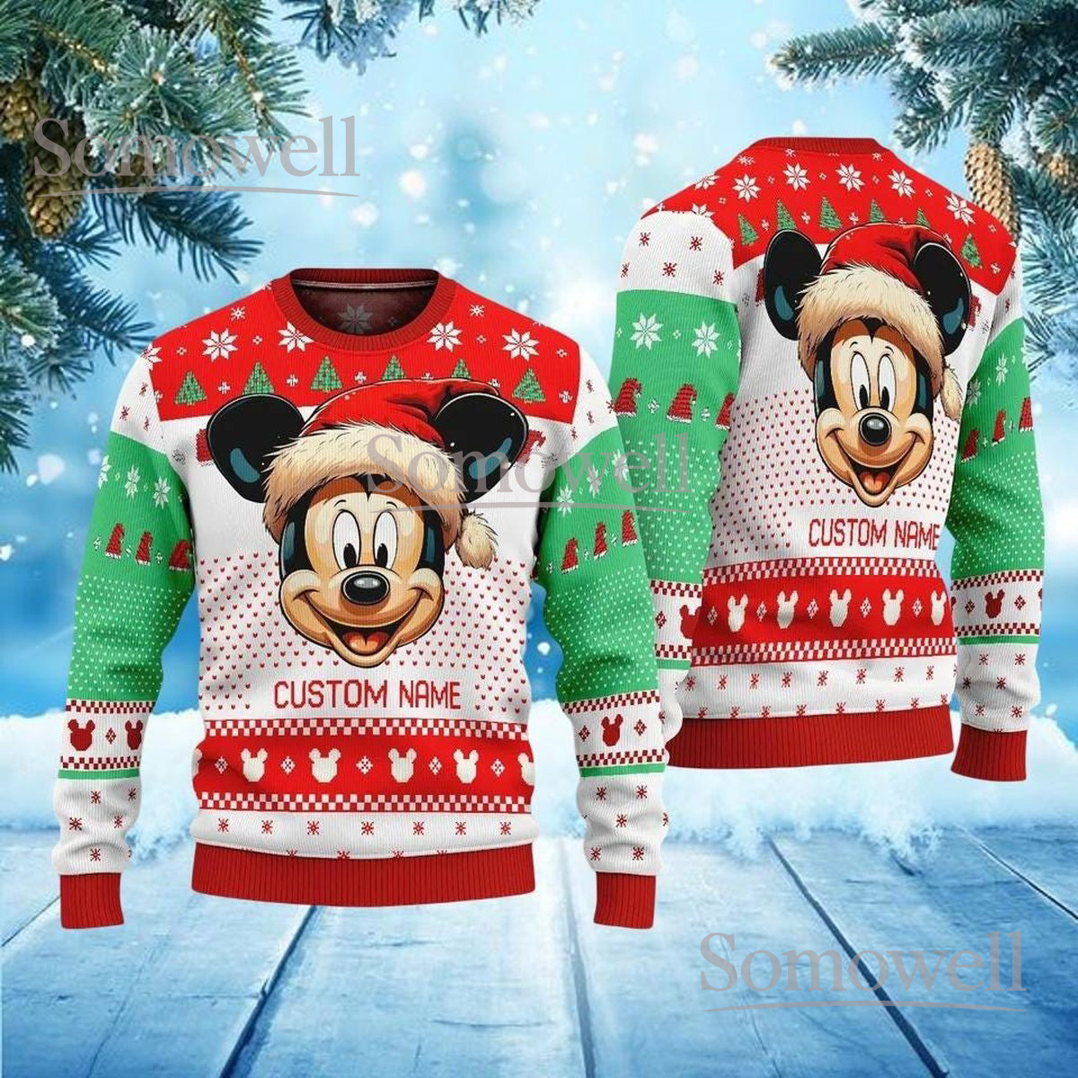Mickey Mouse Head Christmas Red Green Ugly Sweater Custom Name Disney Holiday Knit Jumper