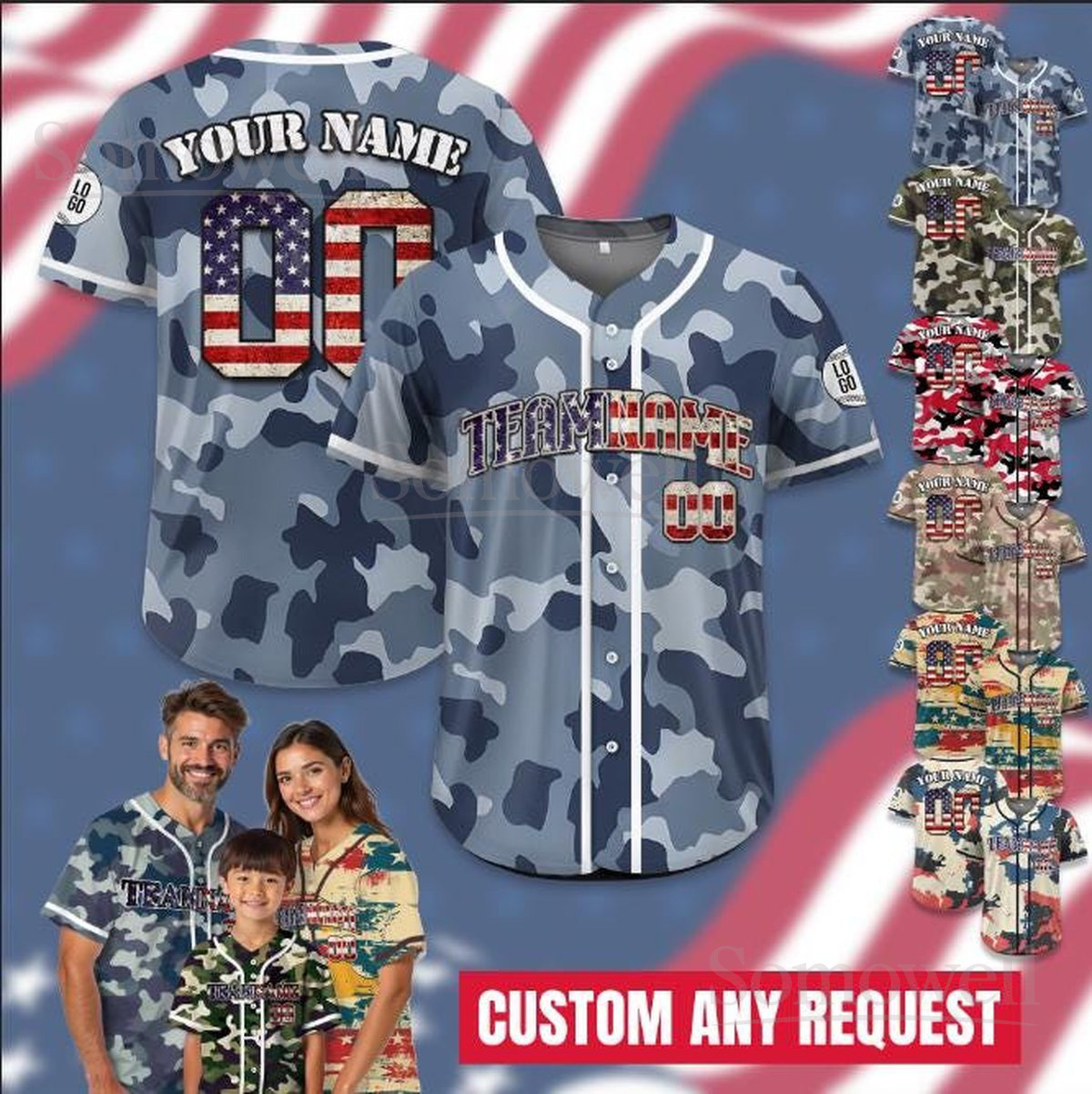 Custom Camo Baseball Jersey Personalized Team Name Number with American Flag Design for Adult Kid Multi Color Edition