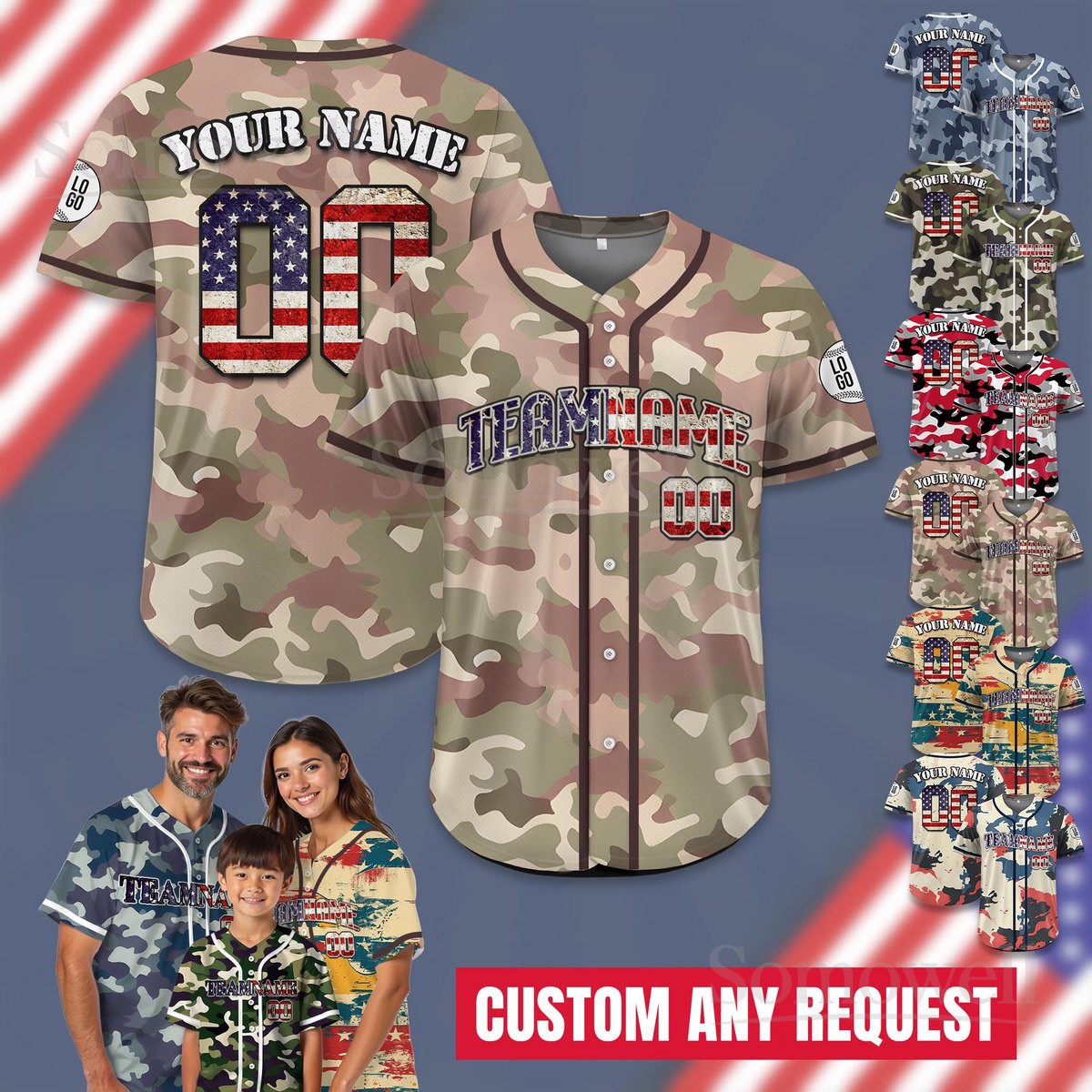 Custom Name Camo Baseball Jersey Personalized Team Uniform with Flag Print Multi Color Edition
