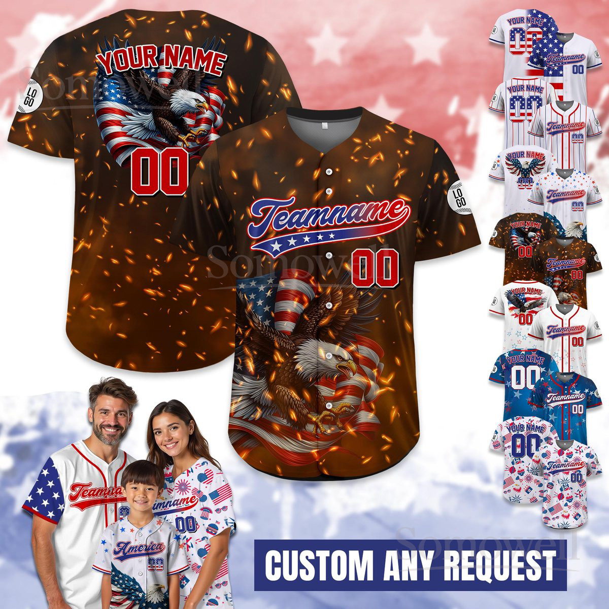 Custom Name Eagle American Baseball Jersey Personalized Team Name Number 4th of July Patriotic Family Matching Outfit Multi Color Edition