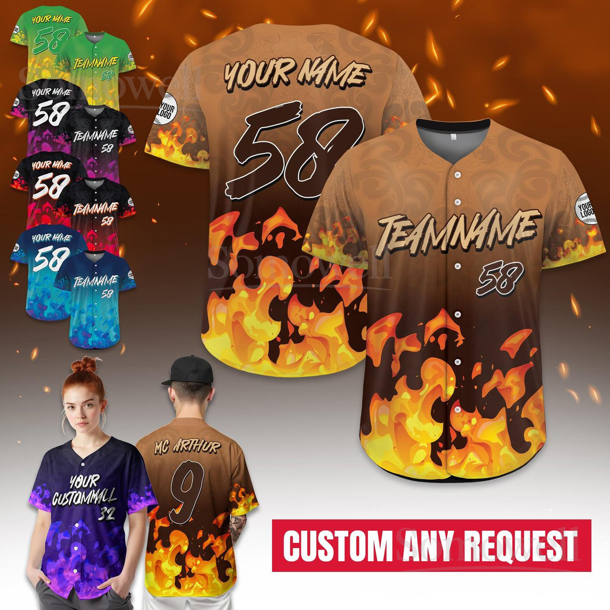 Custom Name Flame Baseball Jersey Personalized Hot Fire Design Streetwear Uniform For Adults Kids Multi Color Edition
