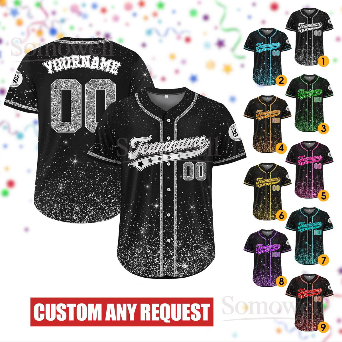 Custom Name Glitter Cheerleading Jersey Personalized Sparkle Teamwear for Women Girls Multi Color Edition