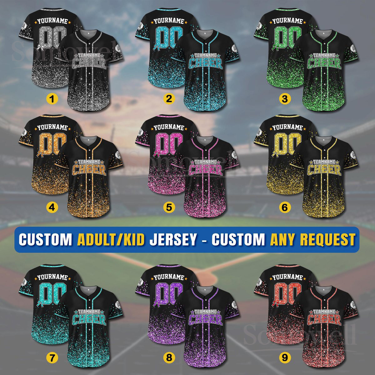 Custom Glitter Gradient Baseball Jersey Personalized Name and Team Number Sparkle Style for Men Women Youth Kid Multi Color Edition
