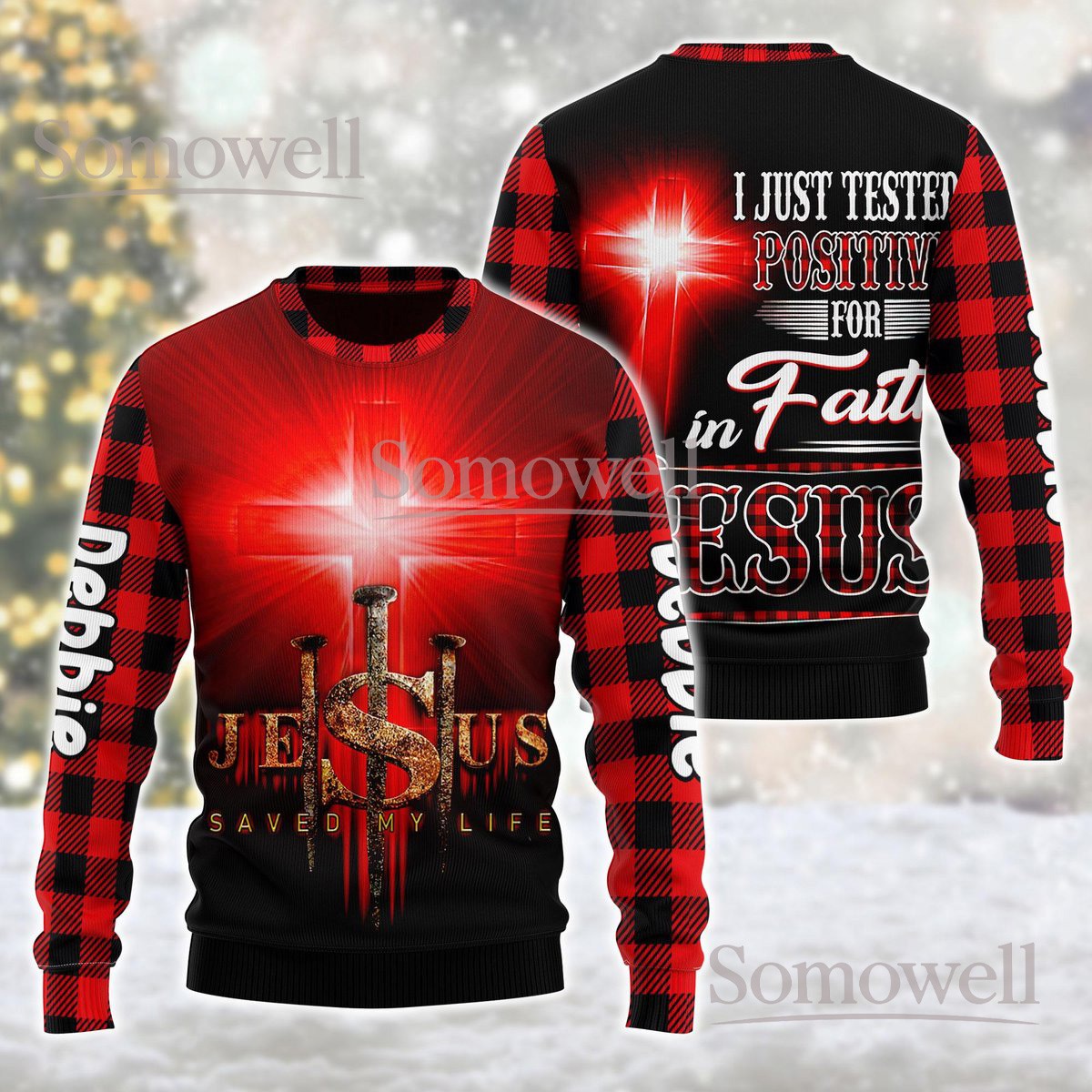Jesus Is My Savior Black Gold Ugly Christmas Sweater Faith Cross Religious Custom Name Knit Jumper