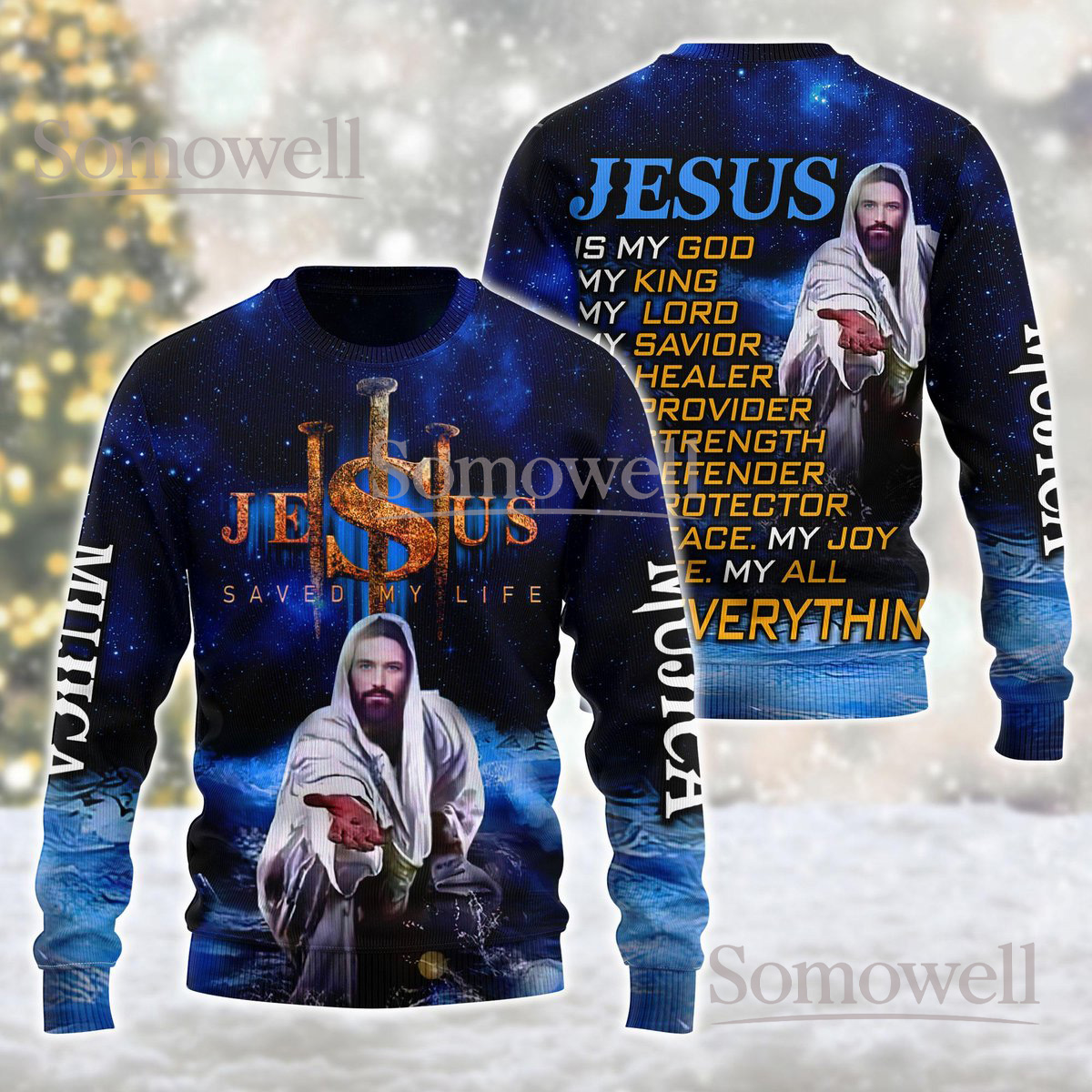 Jesus Saved My Life Galaxy Blue Ugly Christmas Sweater Faith Cross Religious Christian Knit Jumper