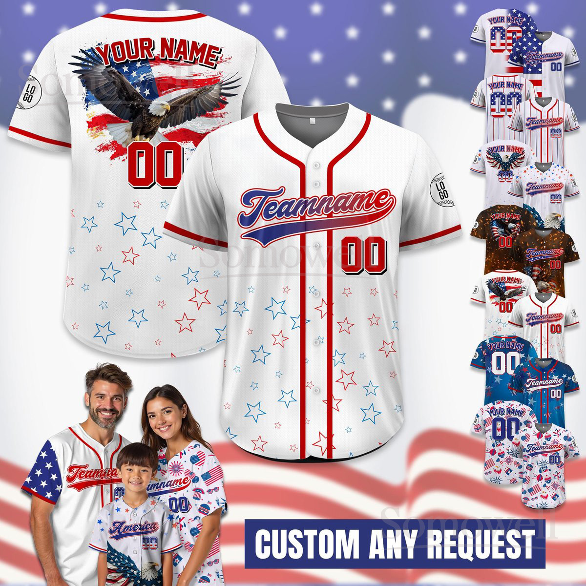 Custom Patriotic Baseball Jersey USA Flag Personalized Team Name Number Family Matching Outfit Multi Color Edition