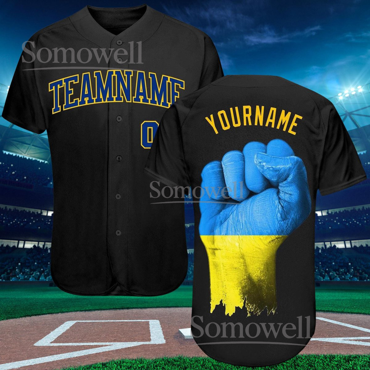 Custom Ukraine Flag Baseball Jersey with Bold Fist Design and Name Personalization