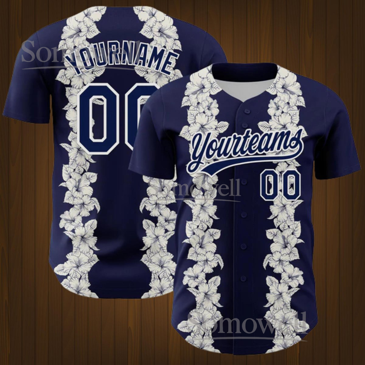 Custom Navy Floral Baseball Jersey Personalized Team Shirt with Name and Number