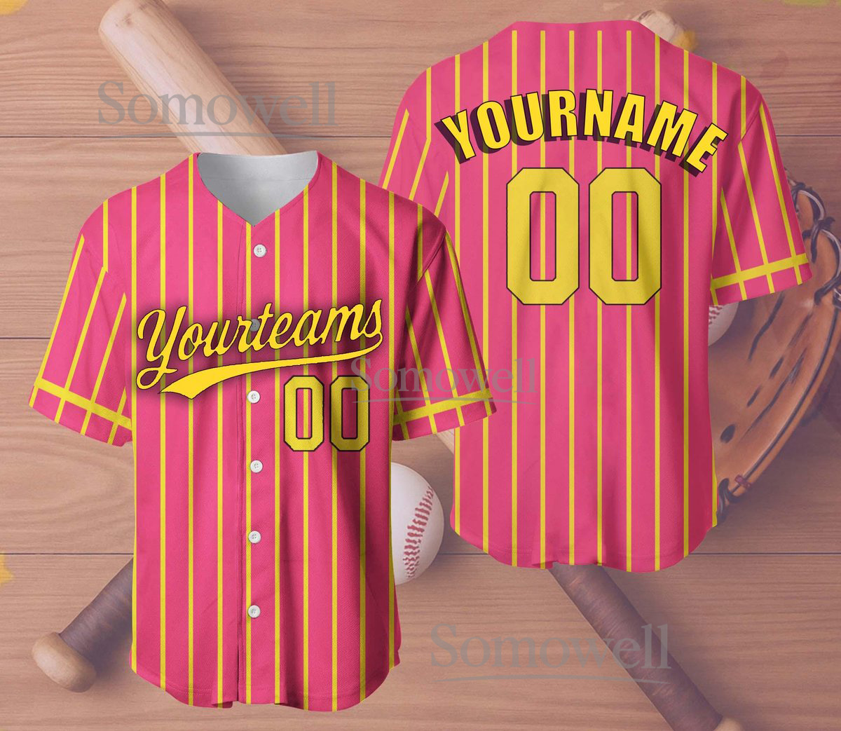 Custom Neon Baseball Jersey Shirt Personalized Pink Yellow Striped Team Gift