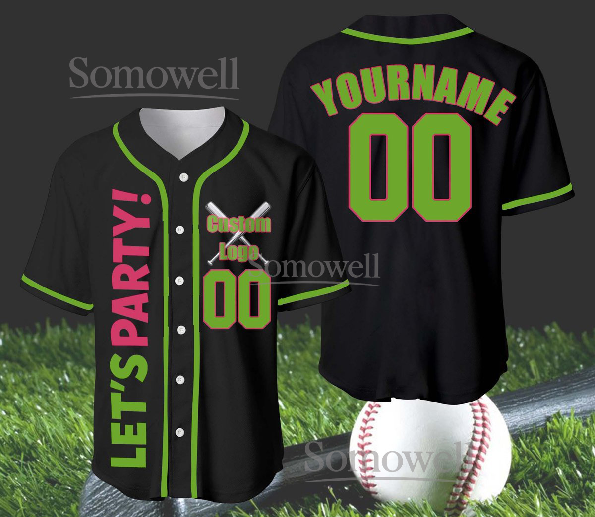 Custom Neon Baseball Jersey Black Green Trim Let's Party Letter Print Personalized Team Name Shirt