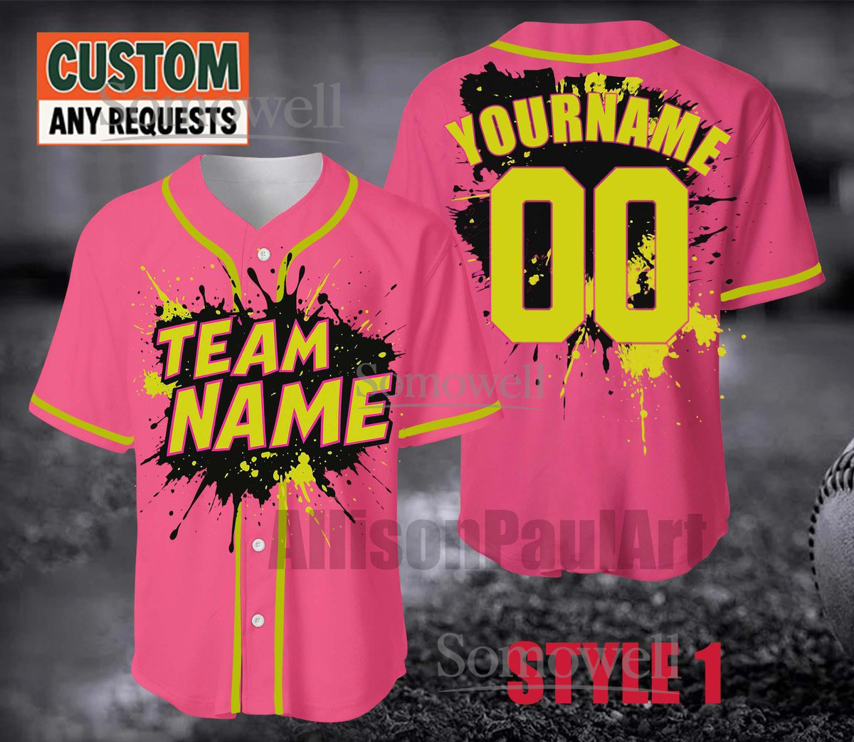 Custom Neon Baseball Jersey Team Name Number Pink Splash Edition Available in Multiple Colors