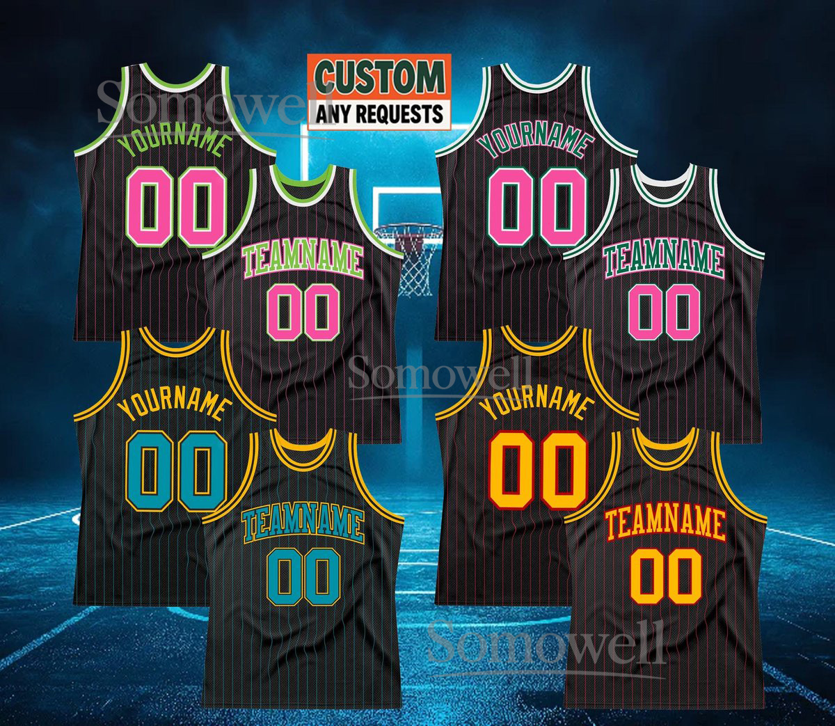Custom Neon Basketball Jersey Black Pinstripe Pink Green Orange Trim Personalized Team Name Number Sleeveless Top