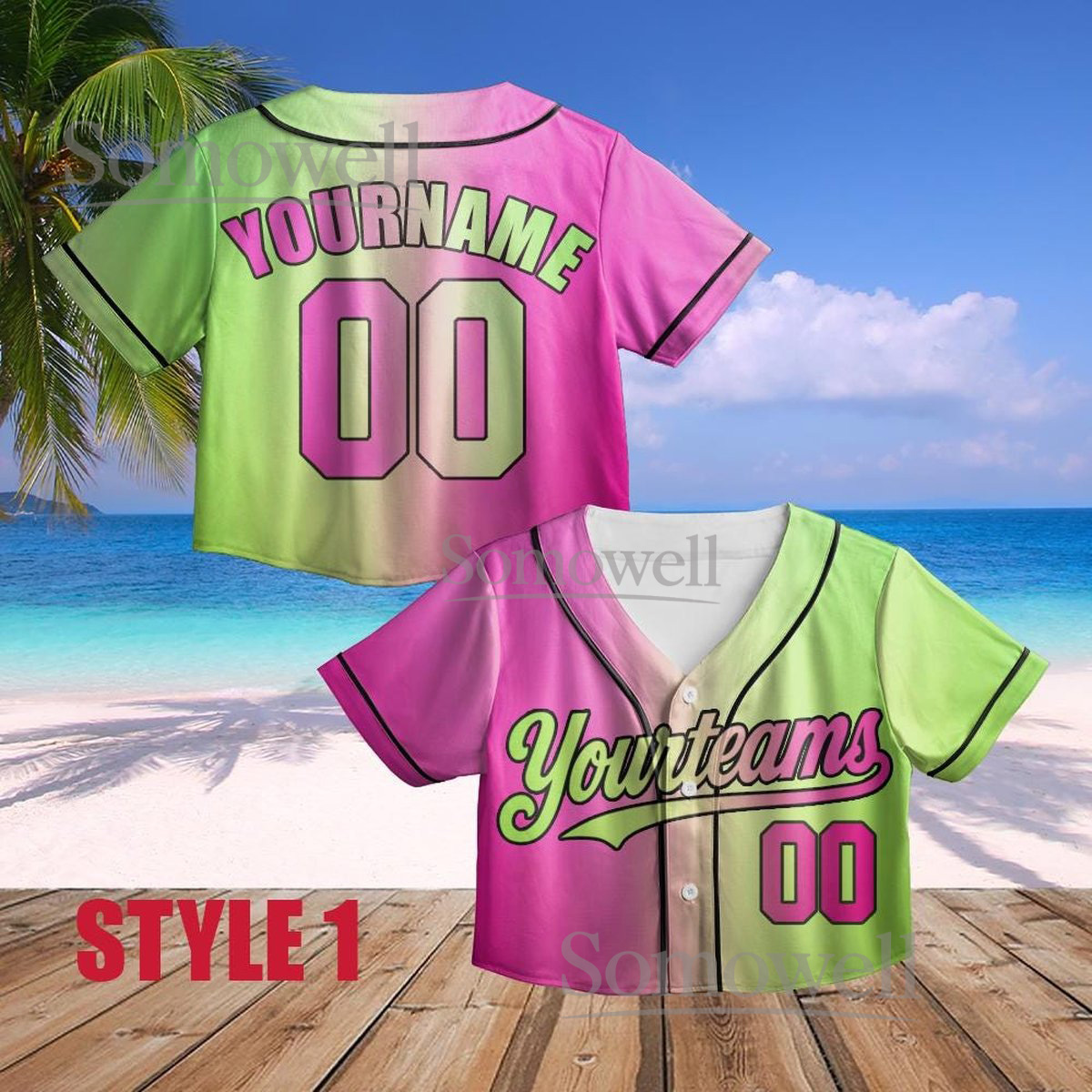 Custom Neon Crop Baseball Jersey Pink Green Ombre Gradient Personalized Team Name Number Shirt