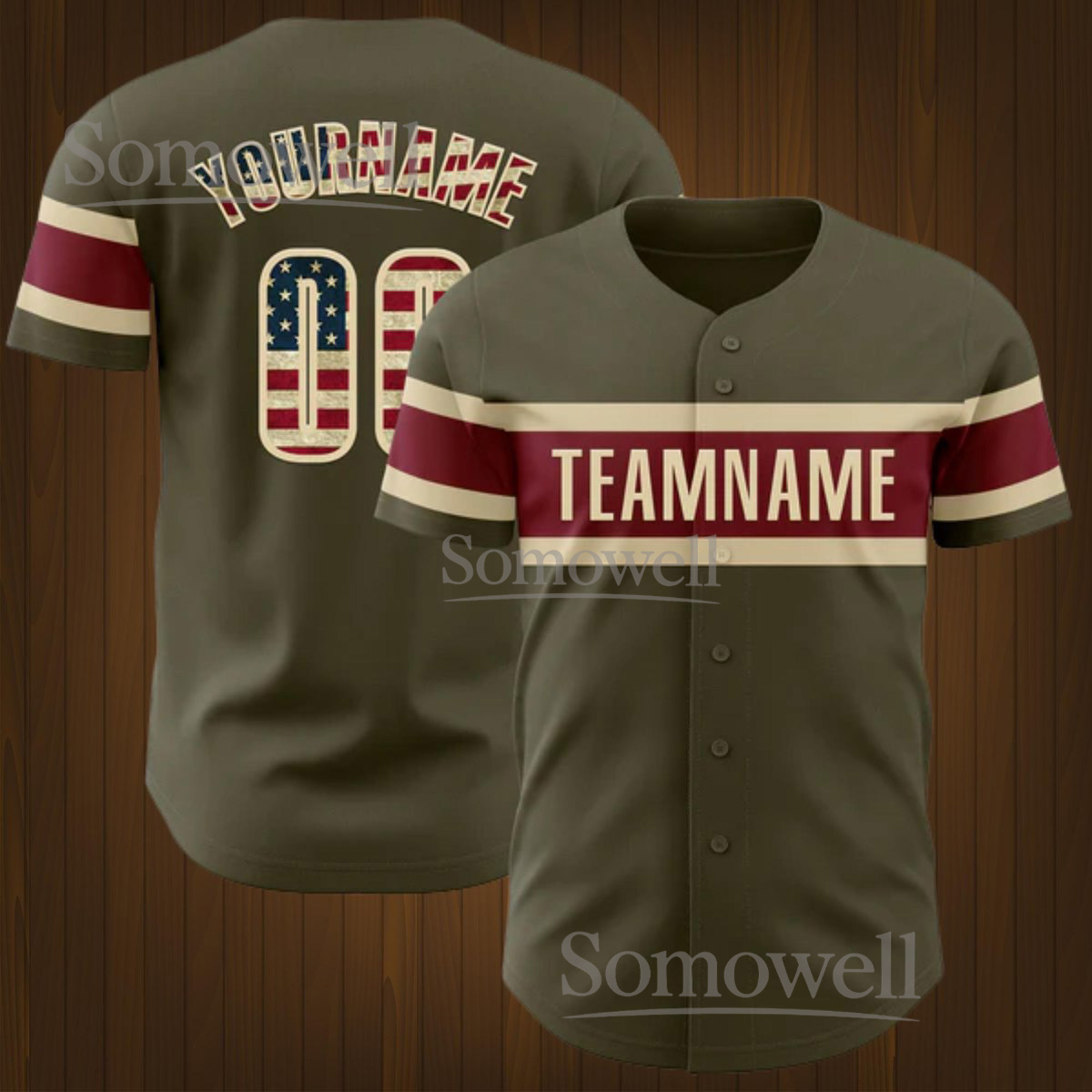 Custom Olive Green Baseball Jersey with American Flag Letters for Personalized Team Shirt
