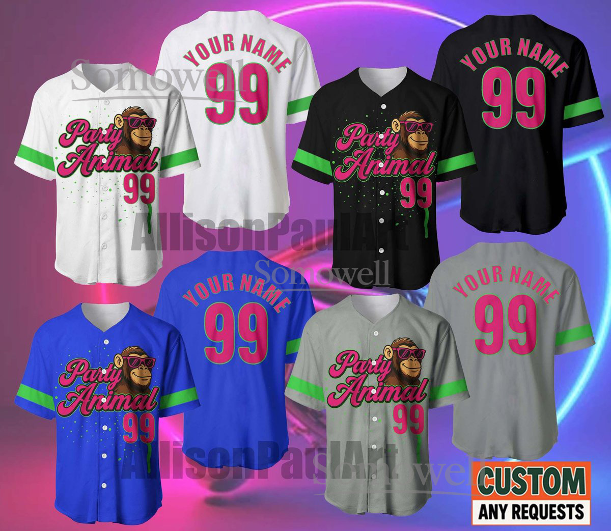 Custom Party Animal Baseball Jersey Funny Monkey Design Neon Edition Available in Multiple Colors