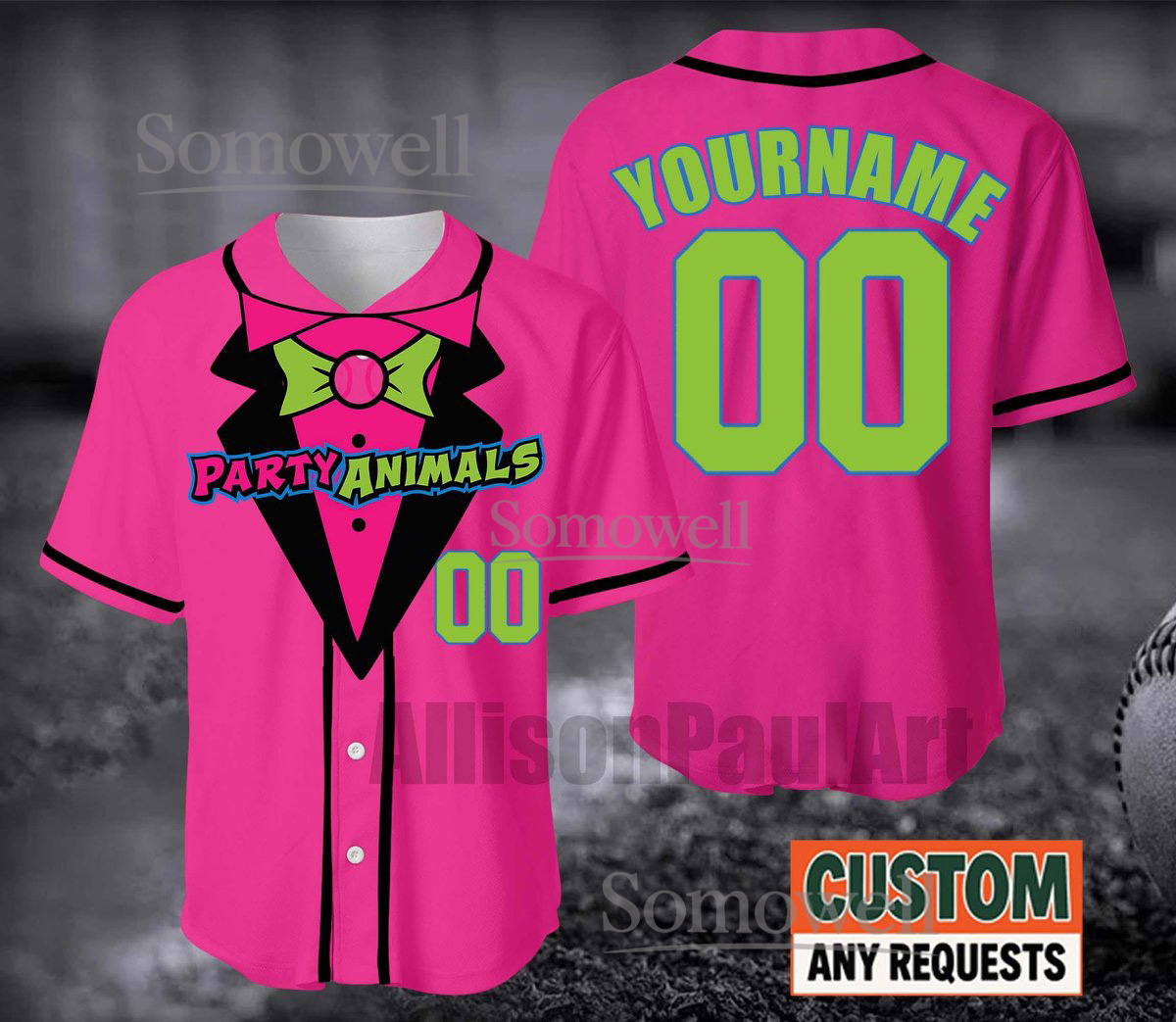 Custom Party Animals Baseball Jersey Pink Tuxedo Bowtie Edition Available in Multiple Colors