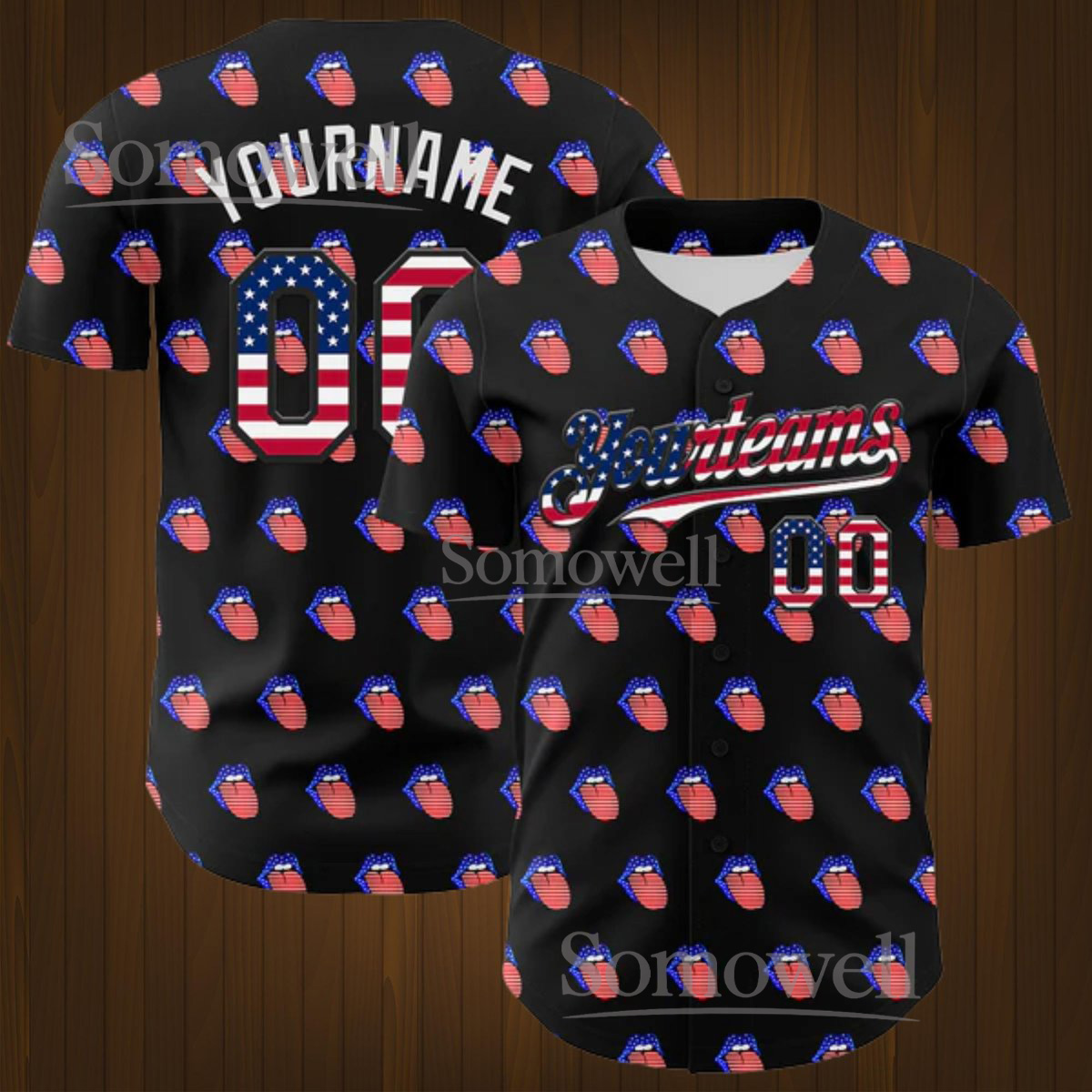 Custom Rolling Patriotic Tongue Baseball Jersey Personalized Team Name and Number