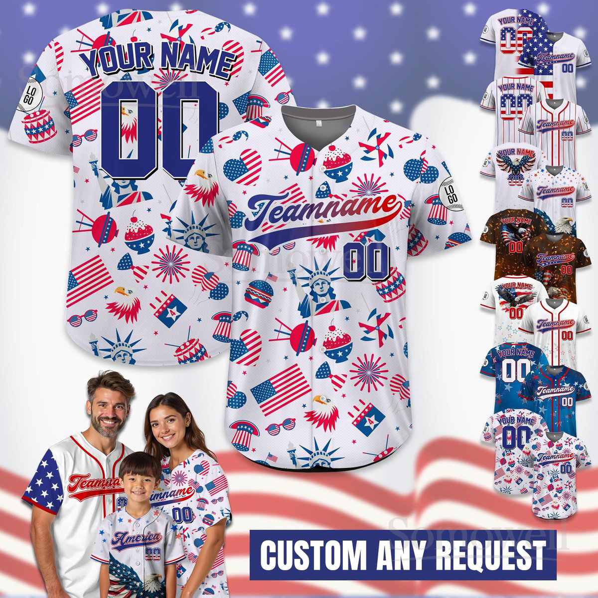 Custom Patriotic Jersey USA Flag Shirt Many Colors with Personalized Team Name and Number for Men Women