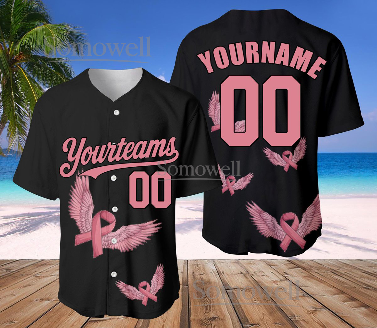 Custom Pink Ribbon Baseball Jersey Glitter Breast Cancer Awareness Shirt