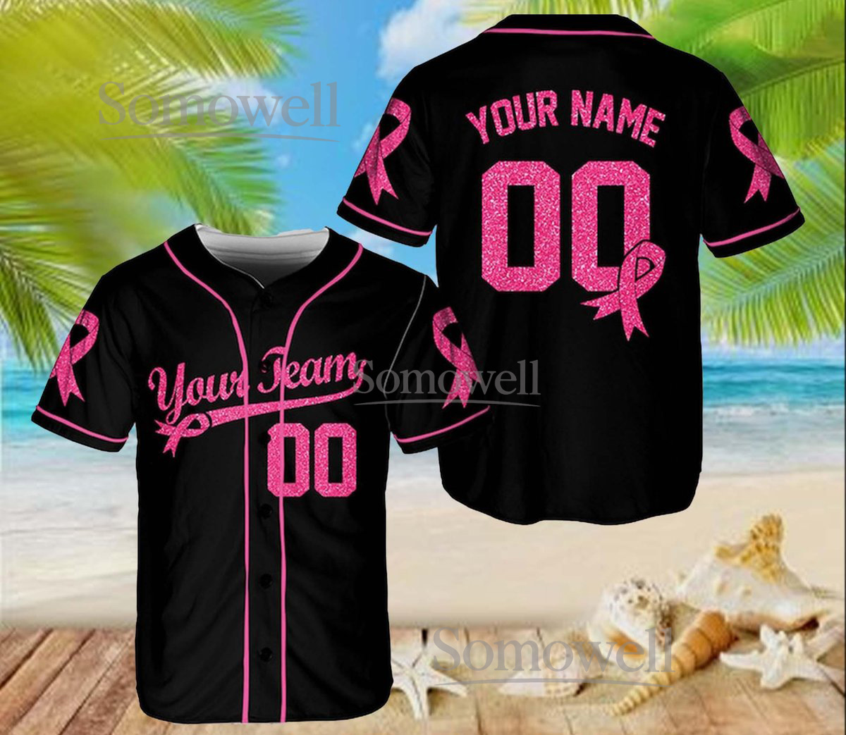 Custom Pink Ribbon Baseball Jersey Glitter Breast Cancer Awareness Edition Available in Multiple Colors
