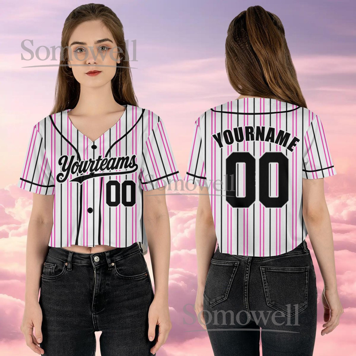 Custom Pinstripe Crop Baseball Jersey White Pink Black Striped Personalized Team Name Number Women Shirt