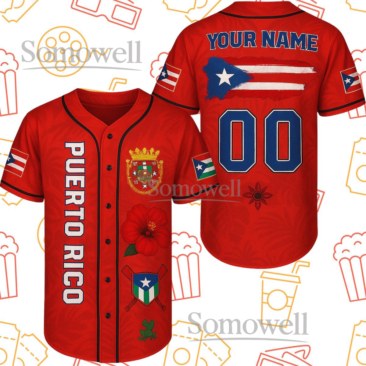 Custom Puerto Rico Baseball Jersey Shirt Red Button Up Personalized Name Gift