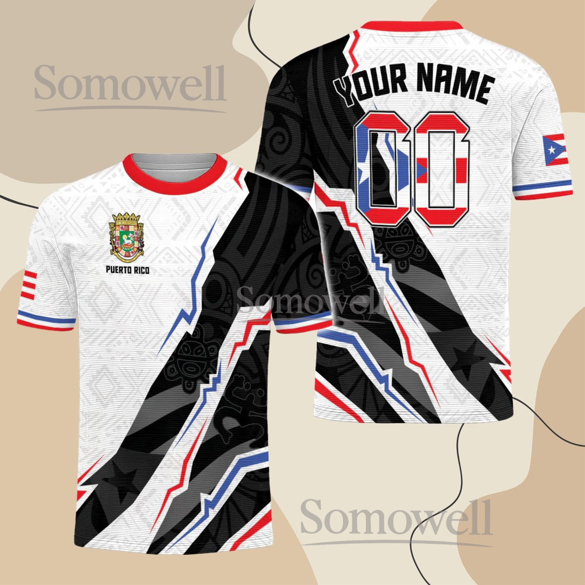 Custom Puerto Rico Baseball Jersey Shirt Taíno Pattern Black White Red Blue Flag Gift