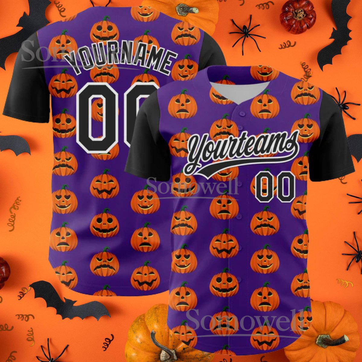 Purple Black Halloween Pumpkins Baseball Jersey, 3D Pumpkin Print, Customizable Team Name Number