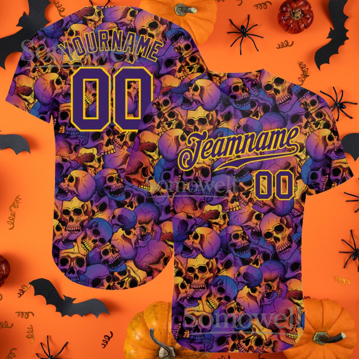 Custom Purple and Orange 3D Halloween Skulls Baseball Jersey with Bold Skull Design