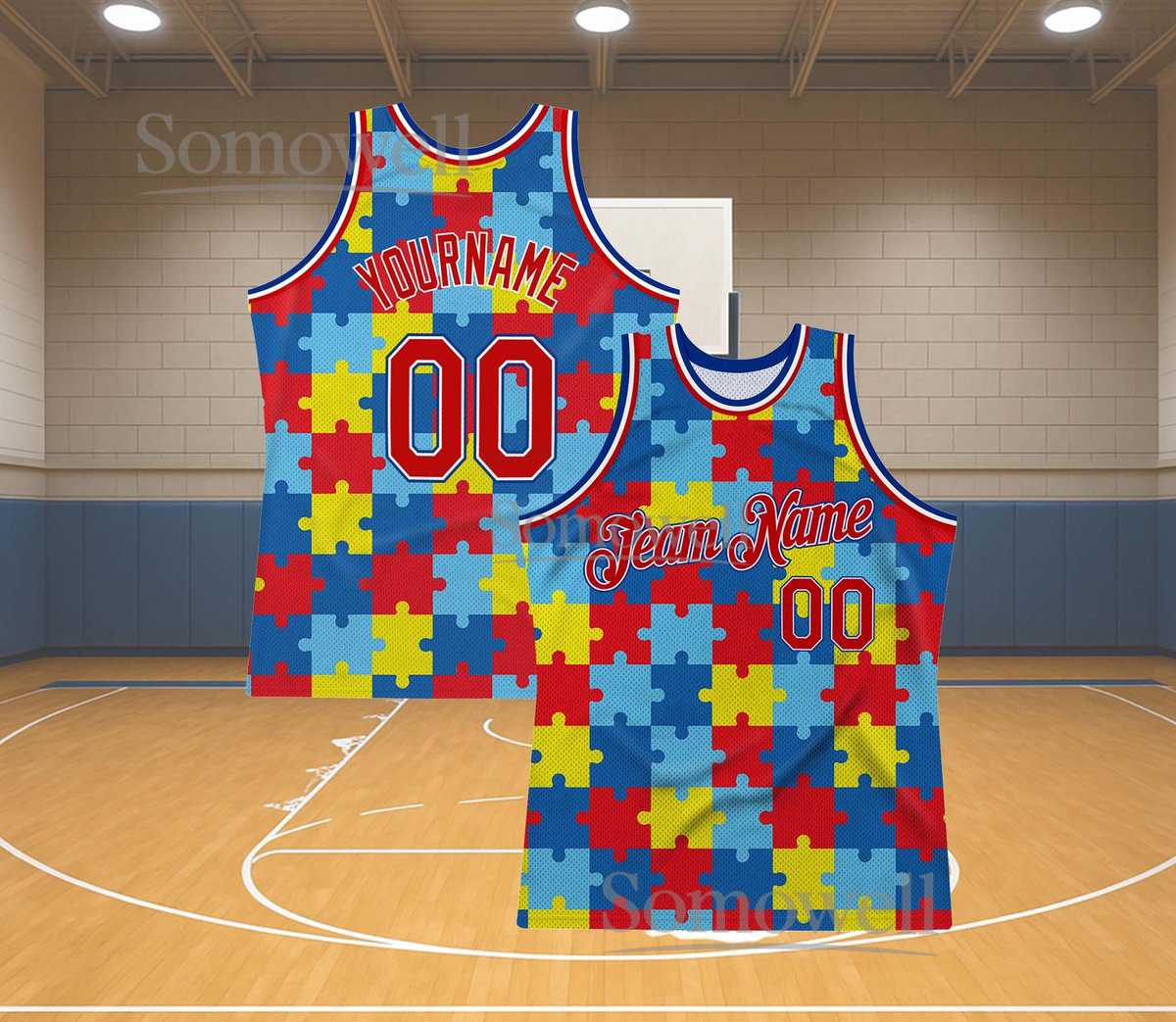 Custom Puzzle Basketball Jersey Team Name Custom Number and Vibrant Colorful Puzzle Piece Design