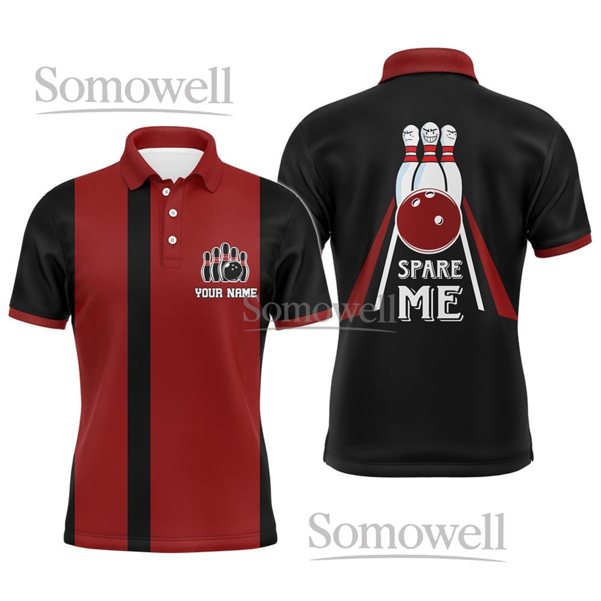 Retro 'Spare Me' Personalized Red and Black Bowling Shirt with Custom Name and Team Number