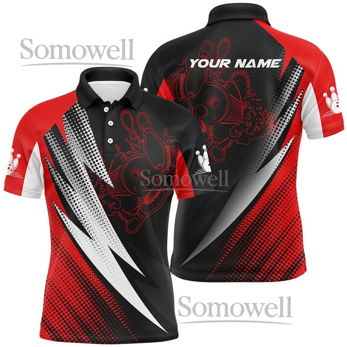 Personalized Red and Black Bowling Shirt with Lightning Strike Design, Custom Name and Team Name