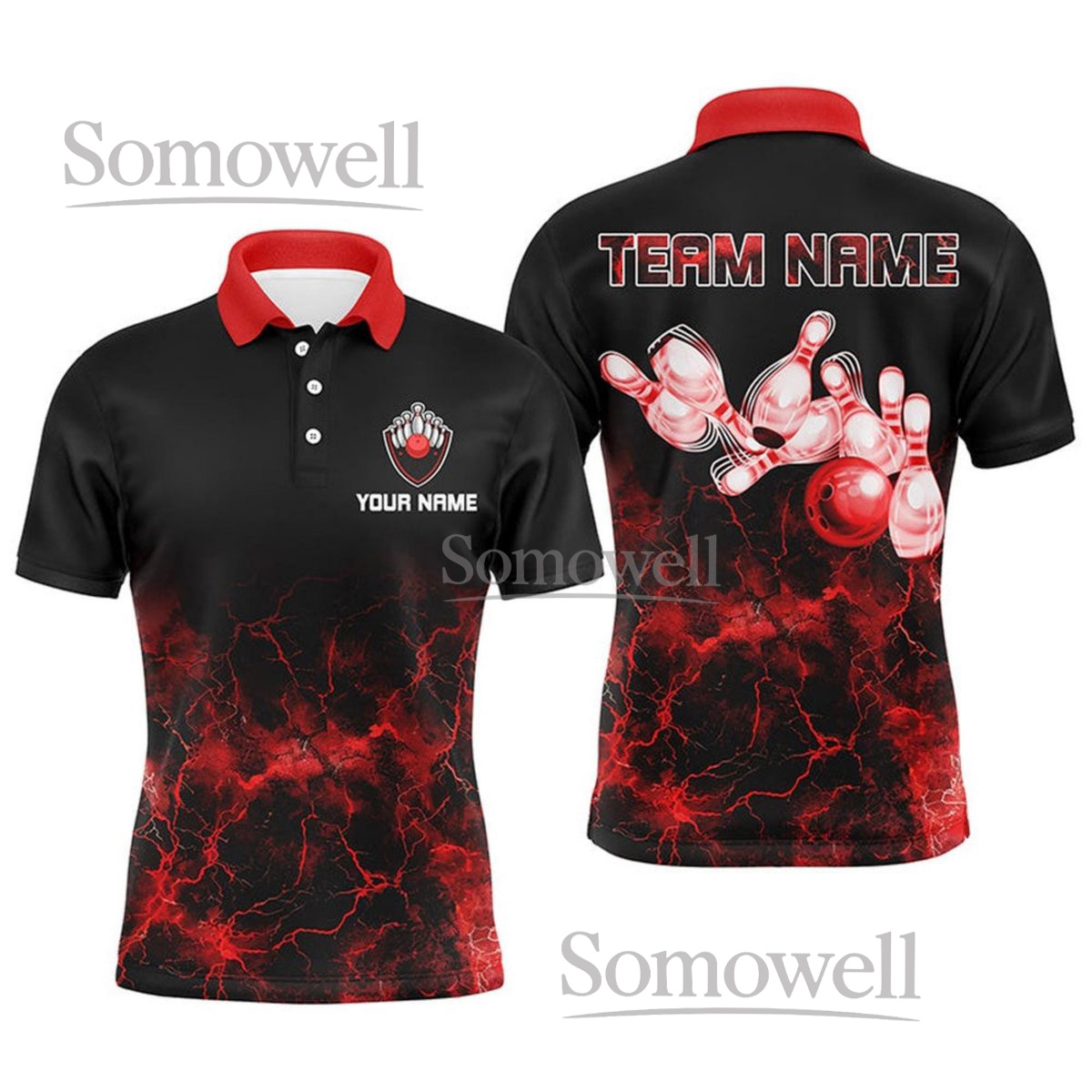 Personalized Red Lightning Bowling Shirt with Team Name and Custom Number, Electric Design