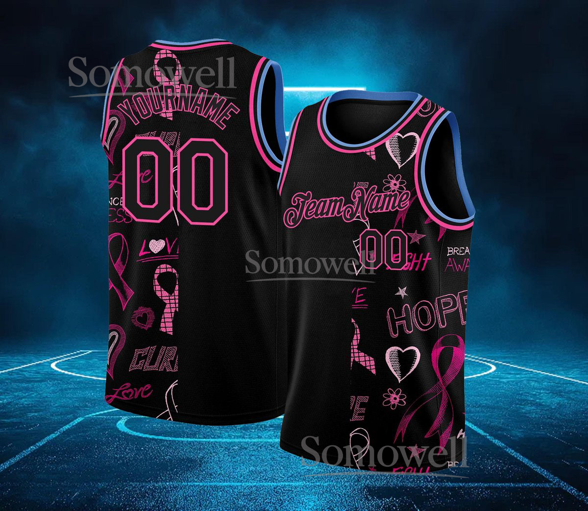 Custom Ribbon Breast Cancer Basketball Jersey Team Name Number
