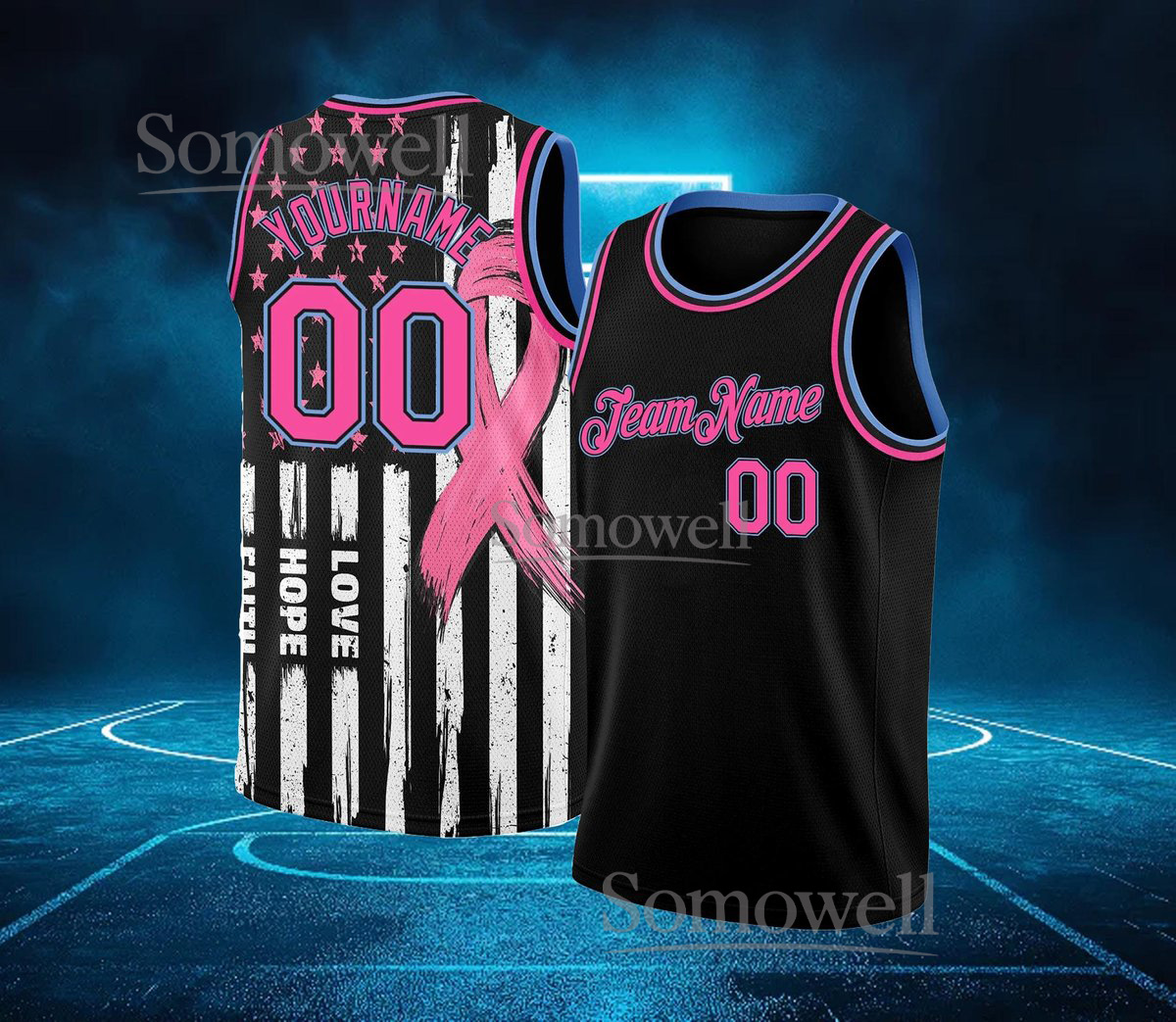 Custom Ribbon Breast Cancer Basketball Jersey with Team Name and Number for Awareness and Support
