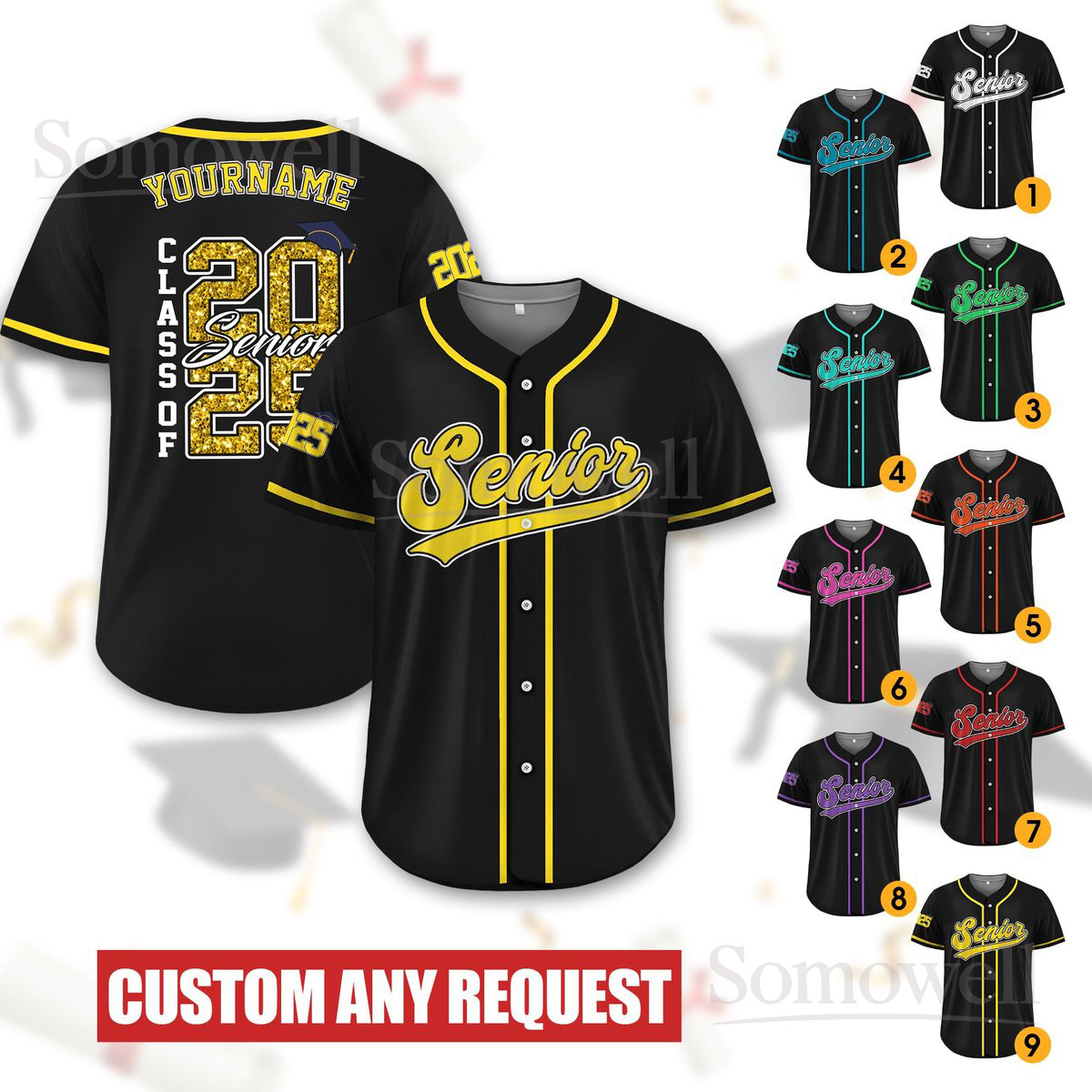 Custom Senior 2025 Baseball Jersey Shirt Black with Multi-Color Personalized Sports Jersey for Men Women Kids