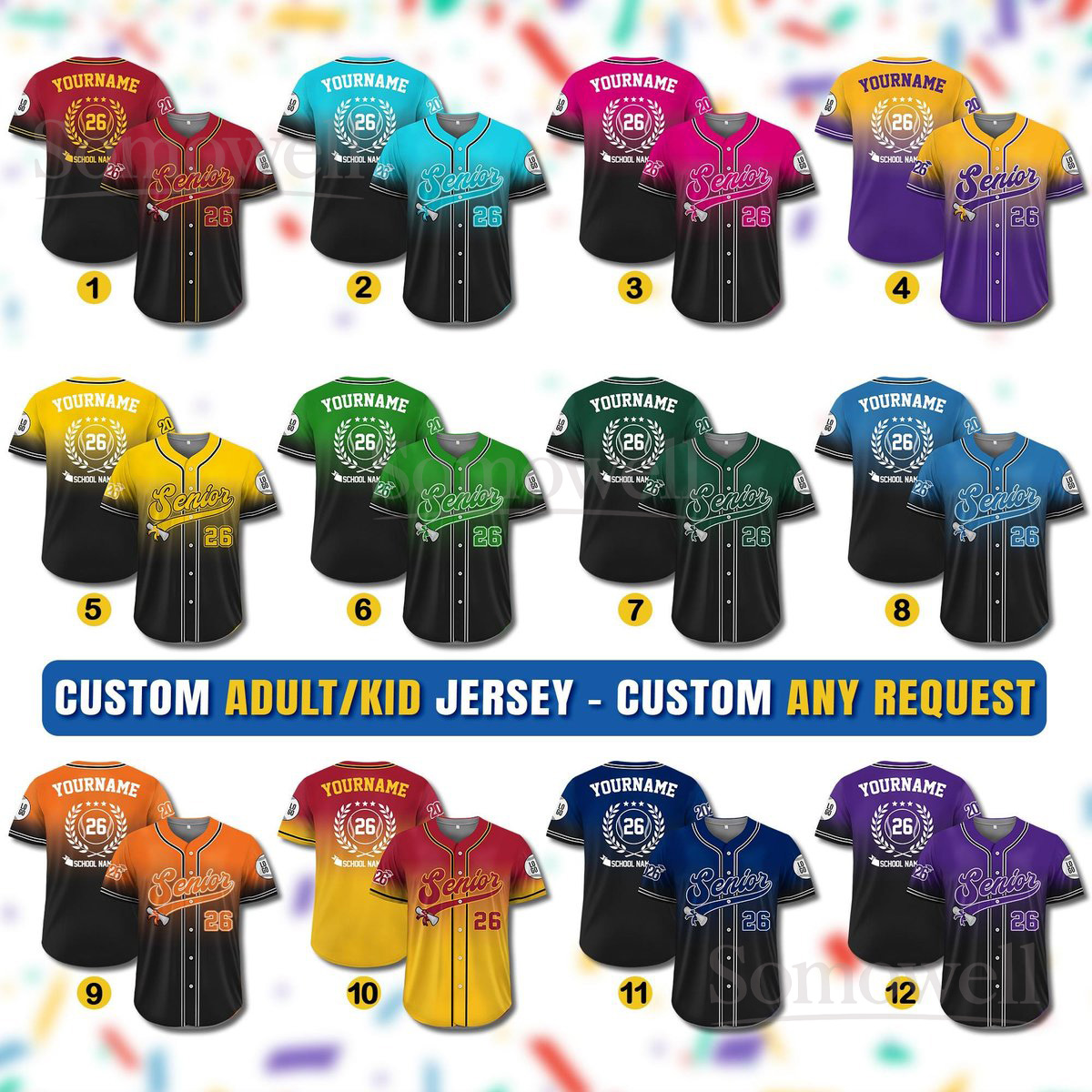 Custom Senior 2026 Baseball Jersey Personalized for Men Women Youth and Kid Multi Color Edition