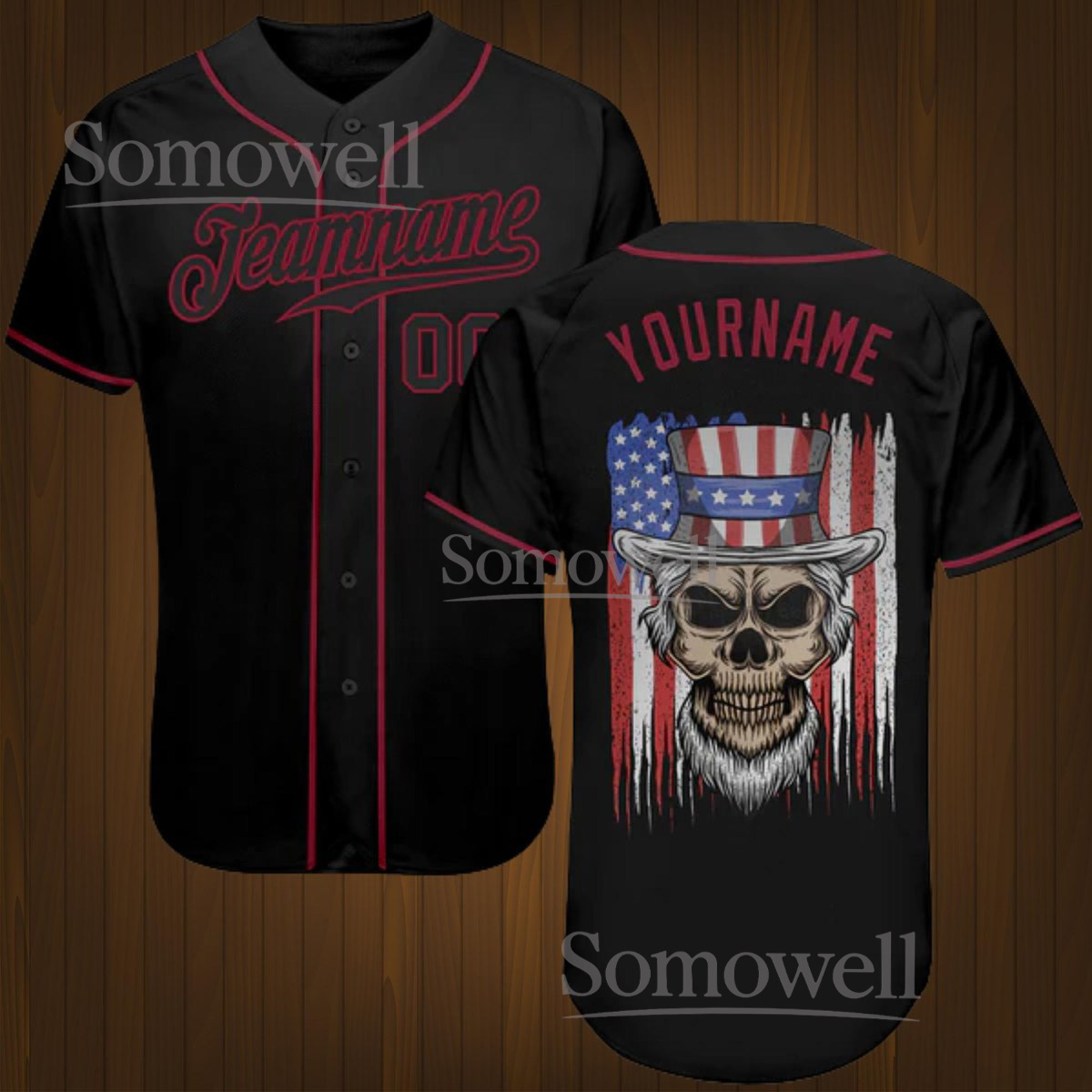 Custom Skull American Flag Baseball Jersey - Patriotic USA Shirt Personalized with Team Name and Number