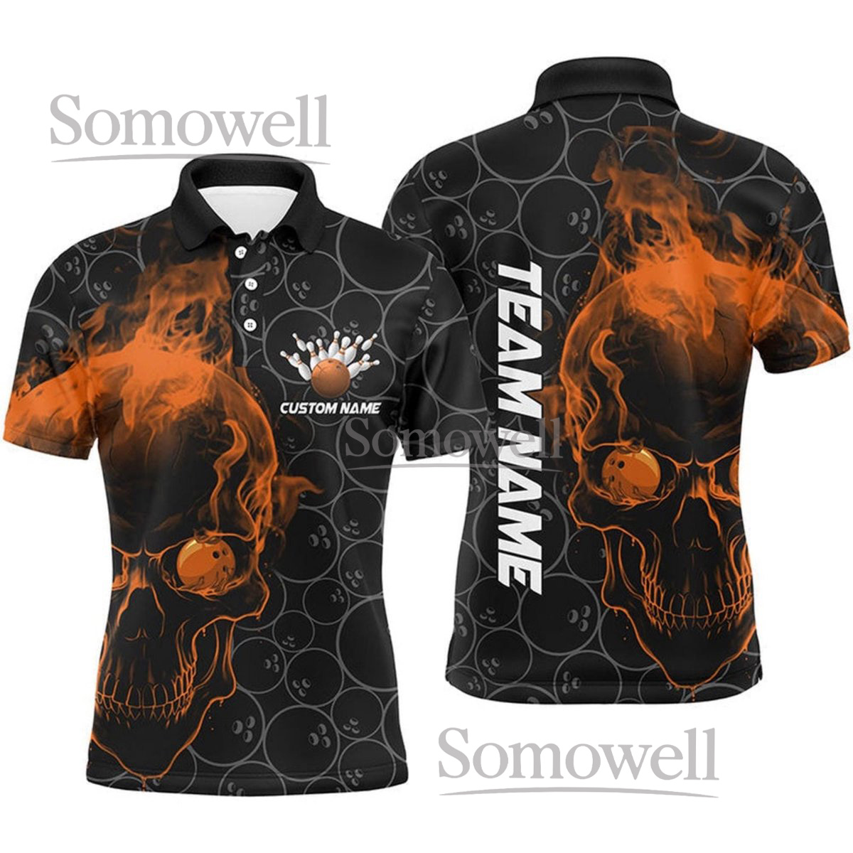 Custom Skull Bowling Shirt with Orange Flame Design, Personalized Name and Team Number