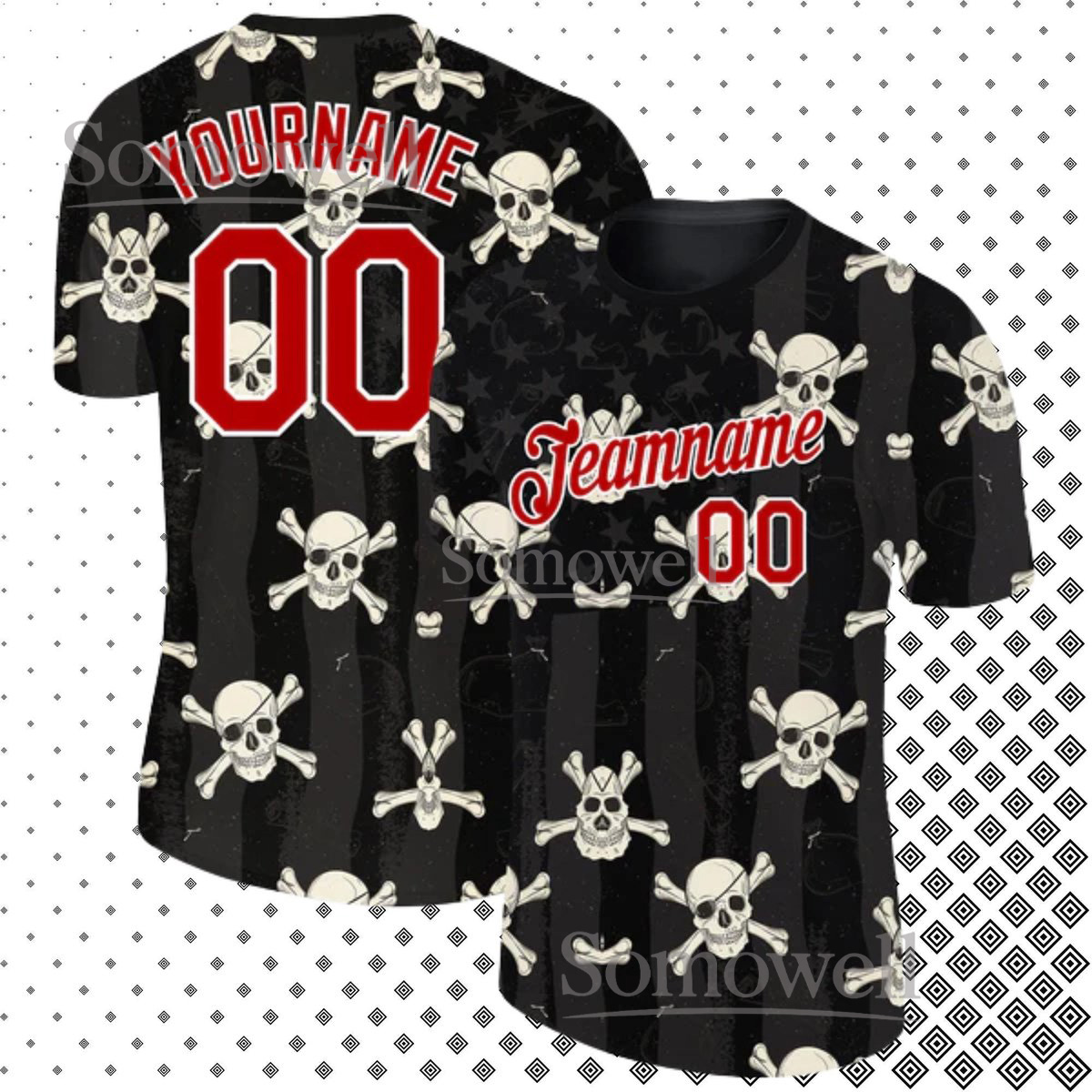 Custom Skull Jersey T Shirt Gothic Biker Rock Apparel Design with Personalized Team Name and Number